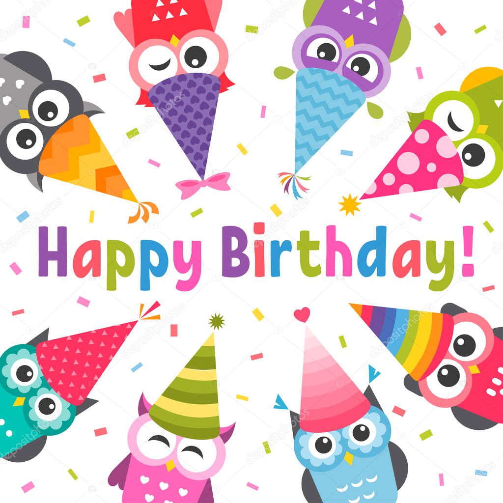 Card with Owls with Birthday party hats