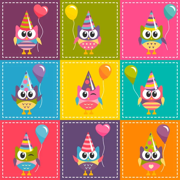 Patchwork background with colorful owls with ballons — Stock Vector