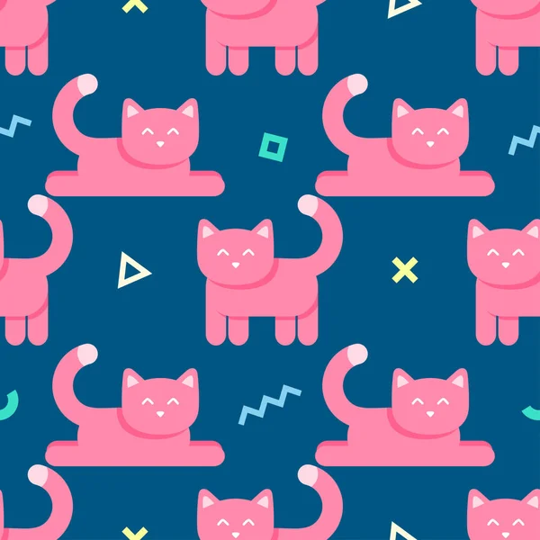 Seamless abstract pattern with pink cats and geometric shapes — Stock Vector