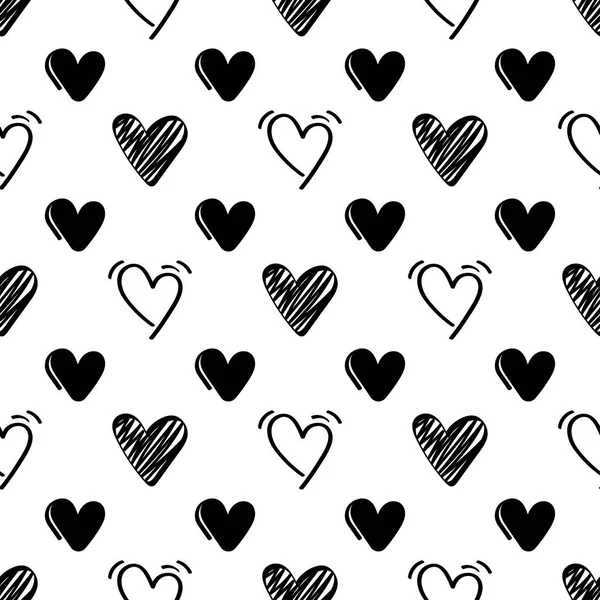 Patrón sin costuras con corazones dibujados a mano en negro sobre fondo blanco — Vector de stock