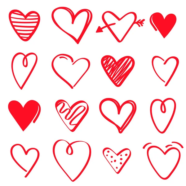 Ensemble de coeurs rouges dessinés à la main sur fond blanc — Image vectorielle