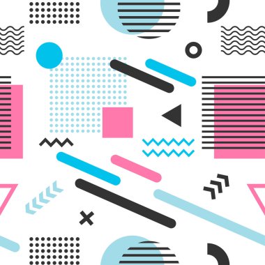 Mavi, pembe ve siyah geometrik şekiller ile Memphis dikişsiz desen