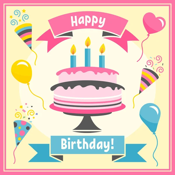 Листівка на день народження з барвистим тортом і повітряними кульками — стоковий вектор