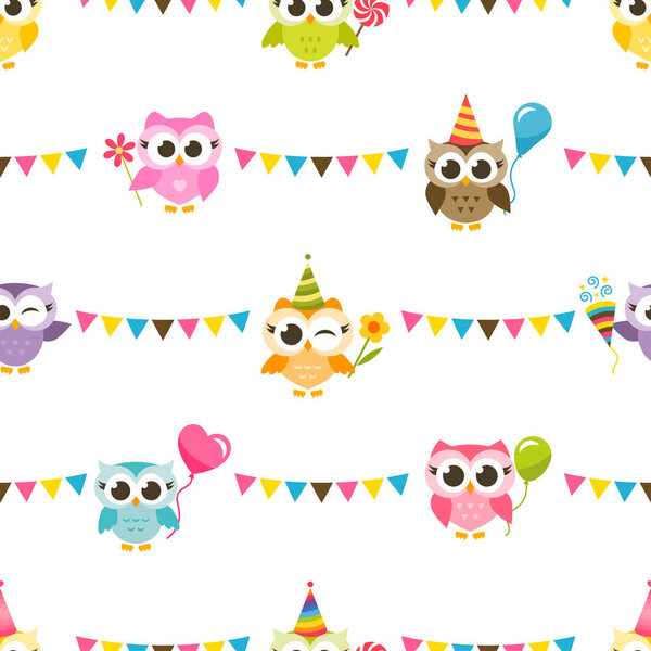Pattern with Owls with Birthday party hats and garlands