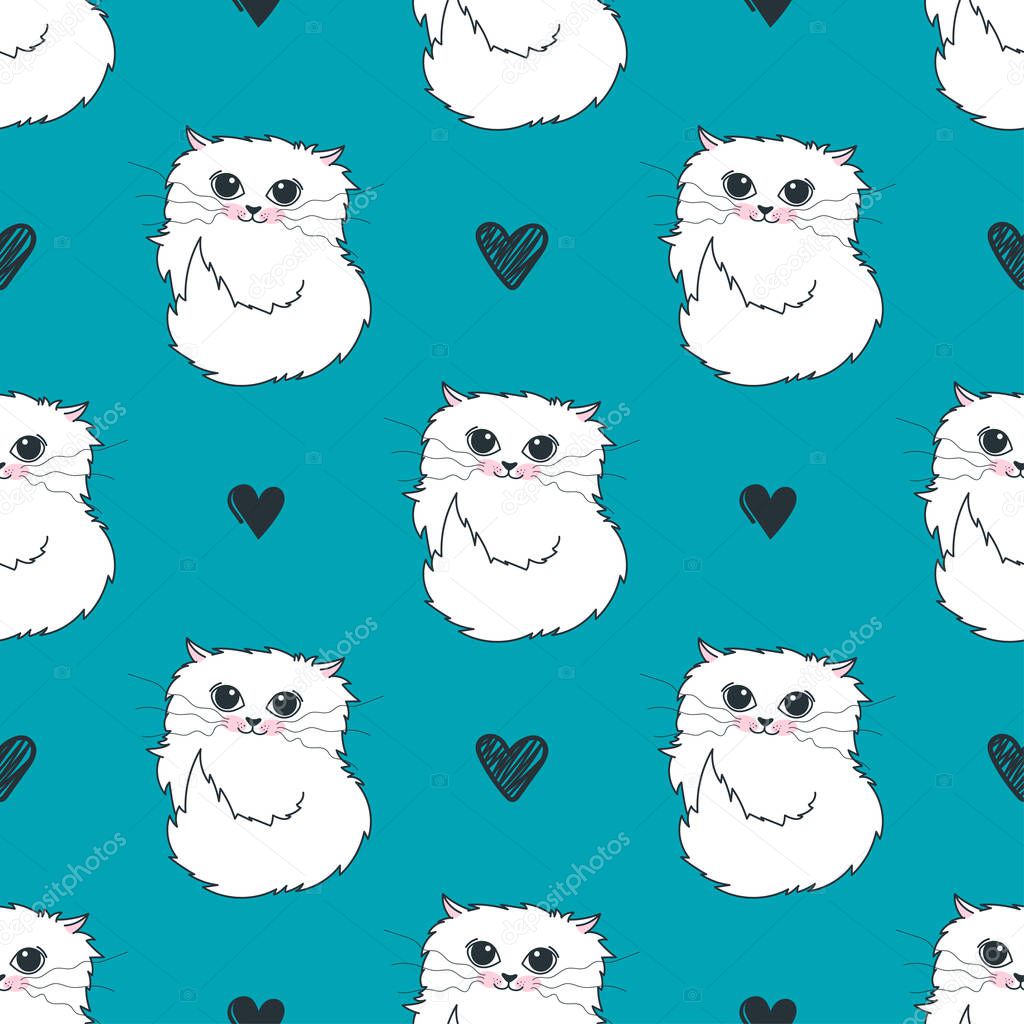pattern with cute white cats and hearts