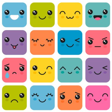 Manga tarzı gözler ve ağızlar. Kawaii sevimli renkli yüzler