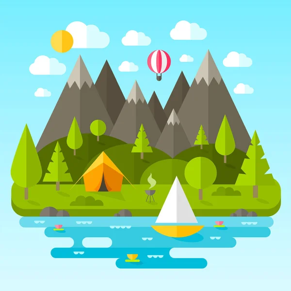 Paisaje con montañas, ríos y árboles verdes — Vector de stock