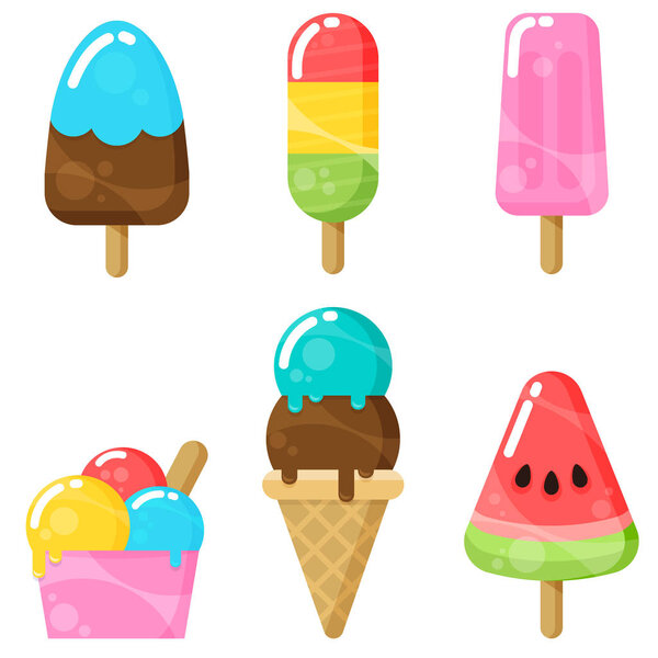 Sweet cartoon cold ice cream set isolated on white