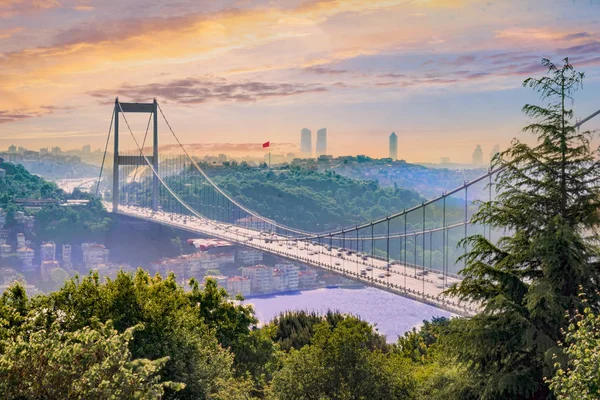Old Bosphorus Bridge Turkish Flag Istanbul Turkey — Stock Photo, Image