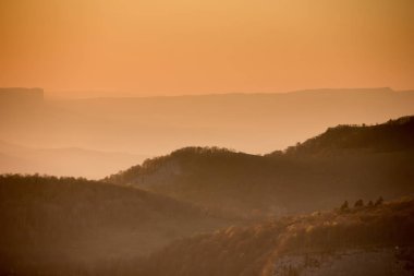 Muhteşem ağaç kayadan güneş doğarken gelişen. Yeşil yaprakları, dağlar ve gökyüzü güneş akşam ile eski ağacı, renkli yatay. Kafkasya'da yaz seyahat. Doğa arka plan