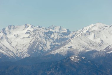 Kafkas Dağları Sonbahar manzara. Dağlarda kar. İlkel orman ve karla kaplı dağlar