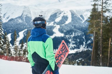 sporcu ile snowboard ayakta orman manzarası