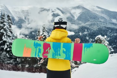 sporcu ile snowboard ayakta orman manzarası