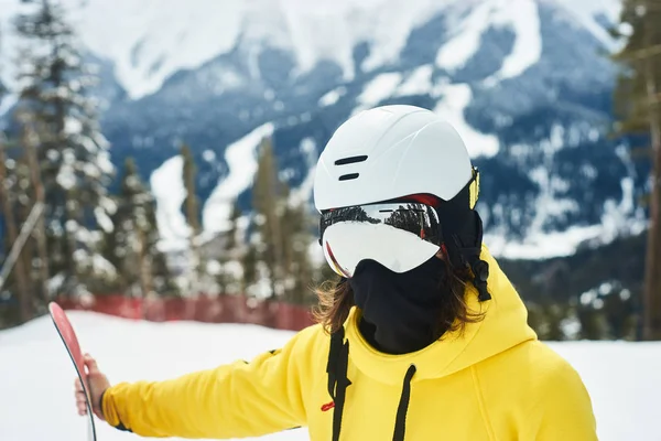 Snowboarder Hold Snowboard Top Hill Close Portrait Snow Mountains Snowboarding — Stock Photo, Image