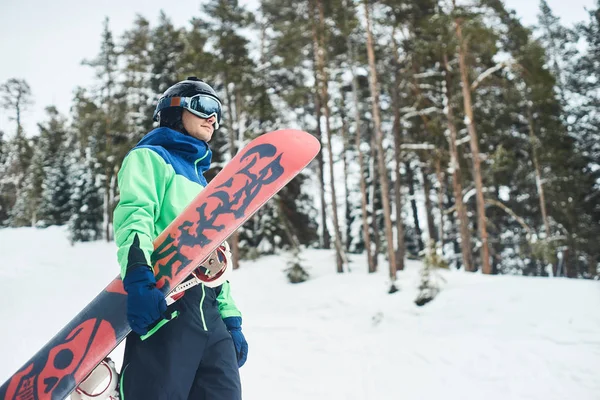 Snowboarder Hold Snowboard Top Hill Close Portrait Snow Mountains Snowboarding — Stock Photo, Image