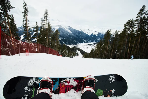 滑雪板高坐在山边上的边坡和眺望远方 — 图库照片