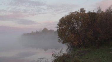 Sabaha gölde sağdan sola orman göl yatay bir panorama bir sis sis ile şafakta kaplı