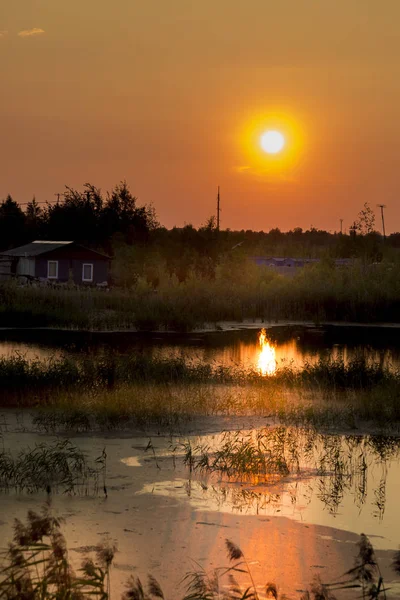 Tarde Lentamente Sol Viene Sobre Horizonte Reflejado Estanque —  Fotos de Stock