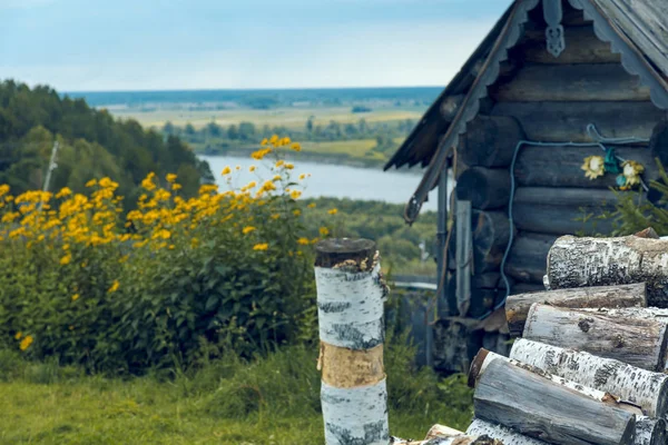 Een Close Van Een Hut Van Logs Rivieroever — Stockfoto