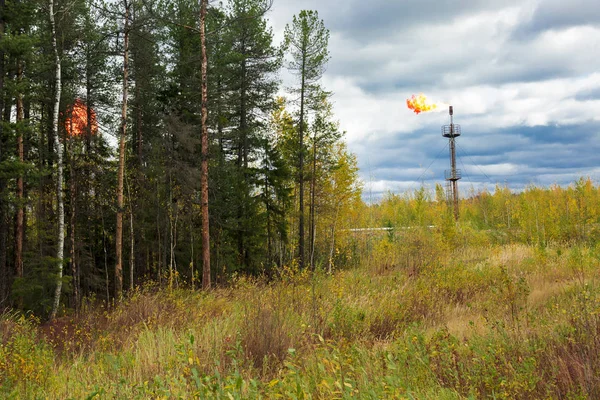 Flame Gas Torch Develops Wind Backdrop Dramatic Sky — Stock Photo, Image