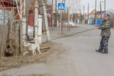 Tulumlu bir adam köpekle yürüyüşe çıkıyor.