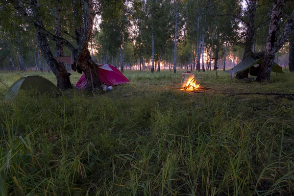 Flaming bonfire at sunrise on a foggy morning. — Stock Photo, Image