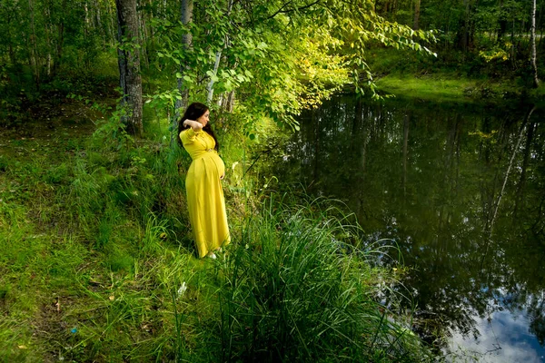 Retrato Una Mujer Embarazada Con Vestido Amarillo Bosque Otoño — Foto de Stock