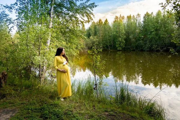 Retrato Una Mujer Embarazada Con Vestido Amarillo Bosque Otoño — Foto de Stock