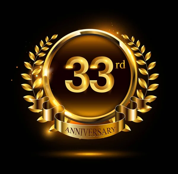 33年金黄周年纪念标志在黑背景 — 图库矢量图片