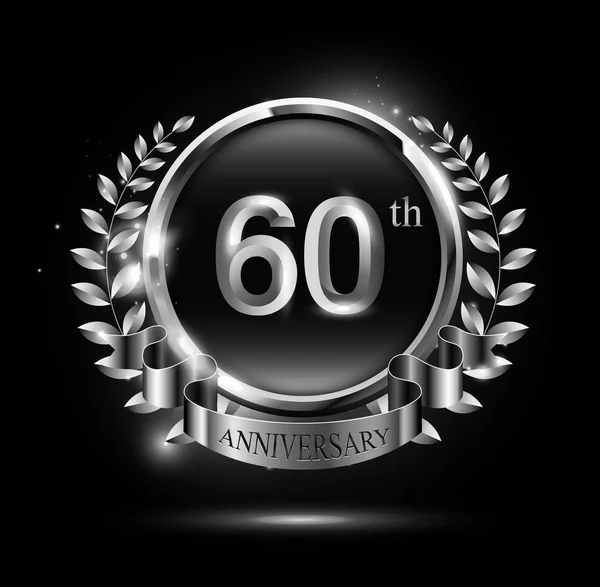 60年银色周年纪念庆祝标志与圆环和丝带 月桂树花圈设计 — 图库矢量图片