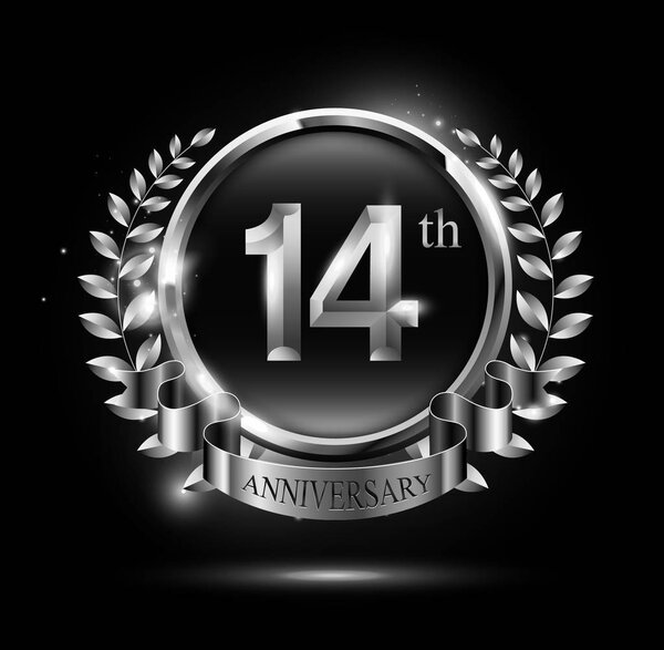 14 years silver anniversary celebration logo with ring and ribbon, laurel wreath design