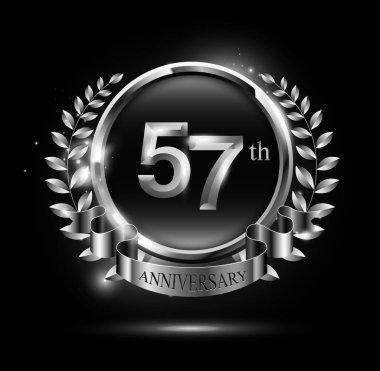 57 yıl yıldönümü kutlama logo halkalı ve şerit, defne çelengi tasarım gümüş