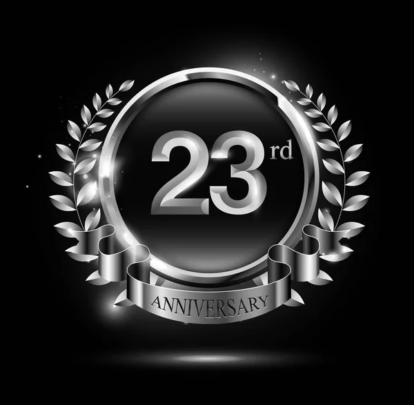 Años Plata Aniversario Celebración Logo Con Anillo Cinta Laurel Corona — Vector de stock