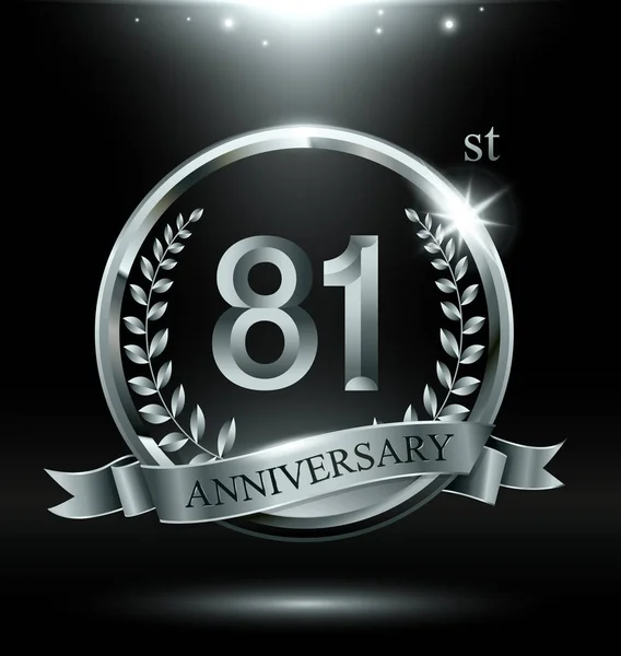 Yıl Yıldönümü Kutlama Logo Halkalı Şerit Defne Çelengi Tasarım Gümüş — Stok Vektör