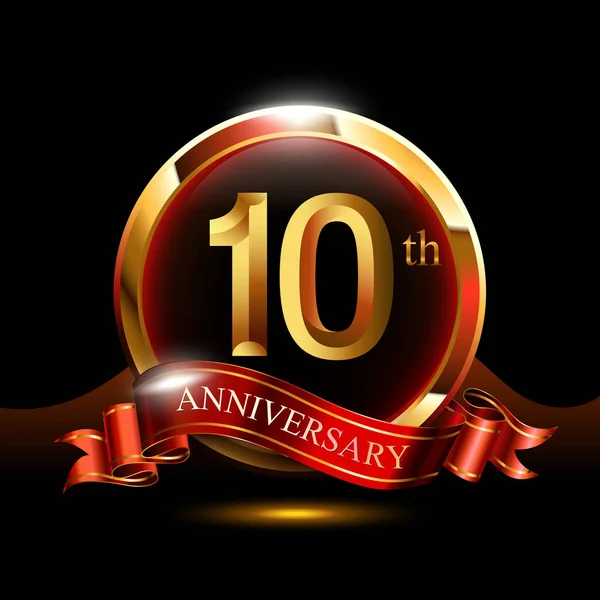 10年金黄周年纪念庆祝标志与圆环和丝带 — 图库矢量图片