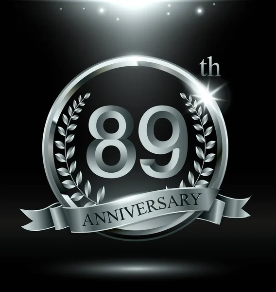 Yıl Yıldönümü Kutlama Logo Halkalı Şerit Defne Çelengi Tasarım Gümüş — Stok Vektör