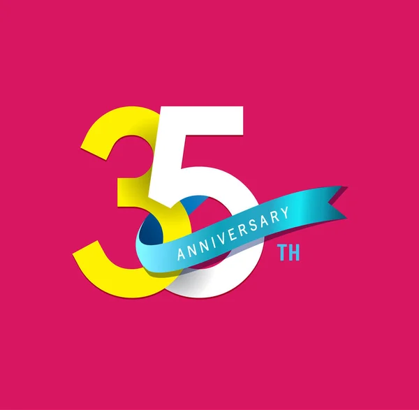 リボン ピンクの装飾的な背景を持つ 年周年記念ロゴ — ストックベクタ