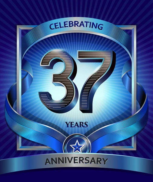 Anos Logotipo Aniversário Vetor Ilustração Fita Azul —  Vetores de Stock