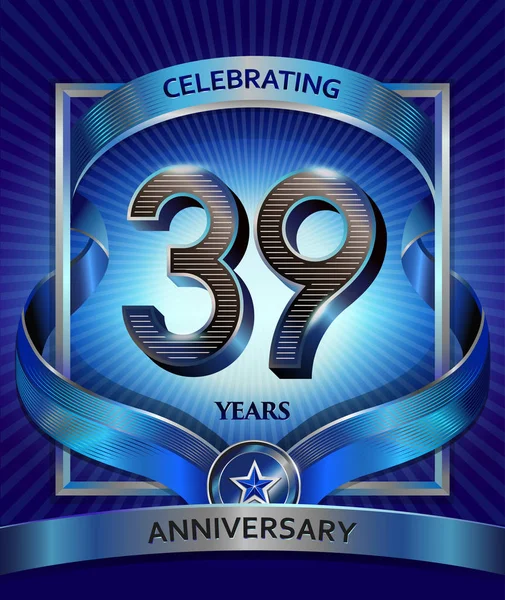 Logo Aniversario Años Vector Ilustración Cinta Azul — Vector de stock