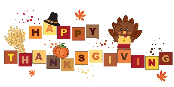 Illustration Skriftligt Happy Thanksgiving Med Turkiet Pumpor Och Öron Majs — Stockfoto