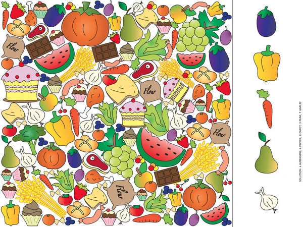Juego Para Niños Encontrar Frutas Verduras Juego Visual Fotos de stock
