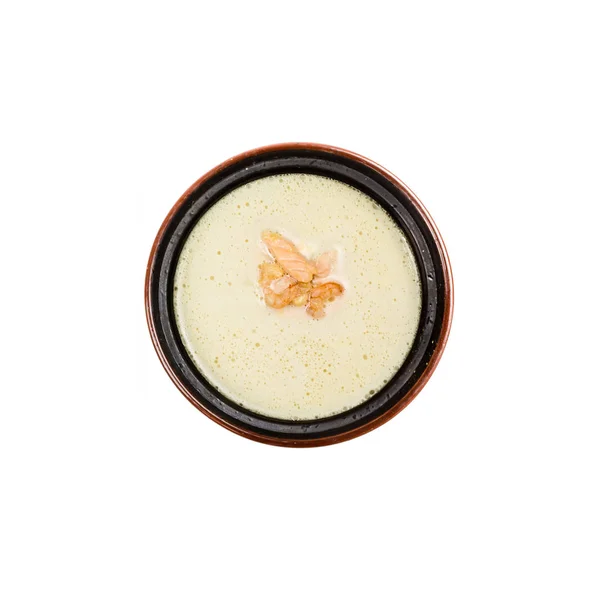 Cream soup with shrimp and salmon, top view, isolated on white background. — Stock Image Cream Soup Shrimp Salmon Top View Isolated White Background Stock Picture
