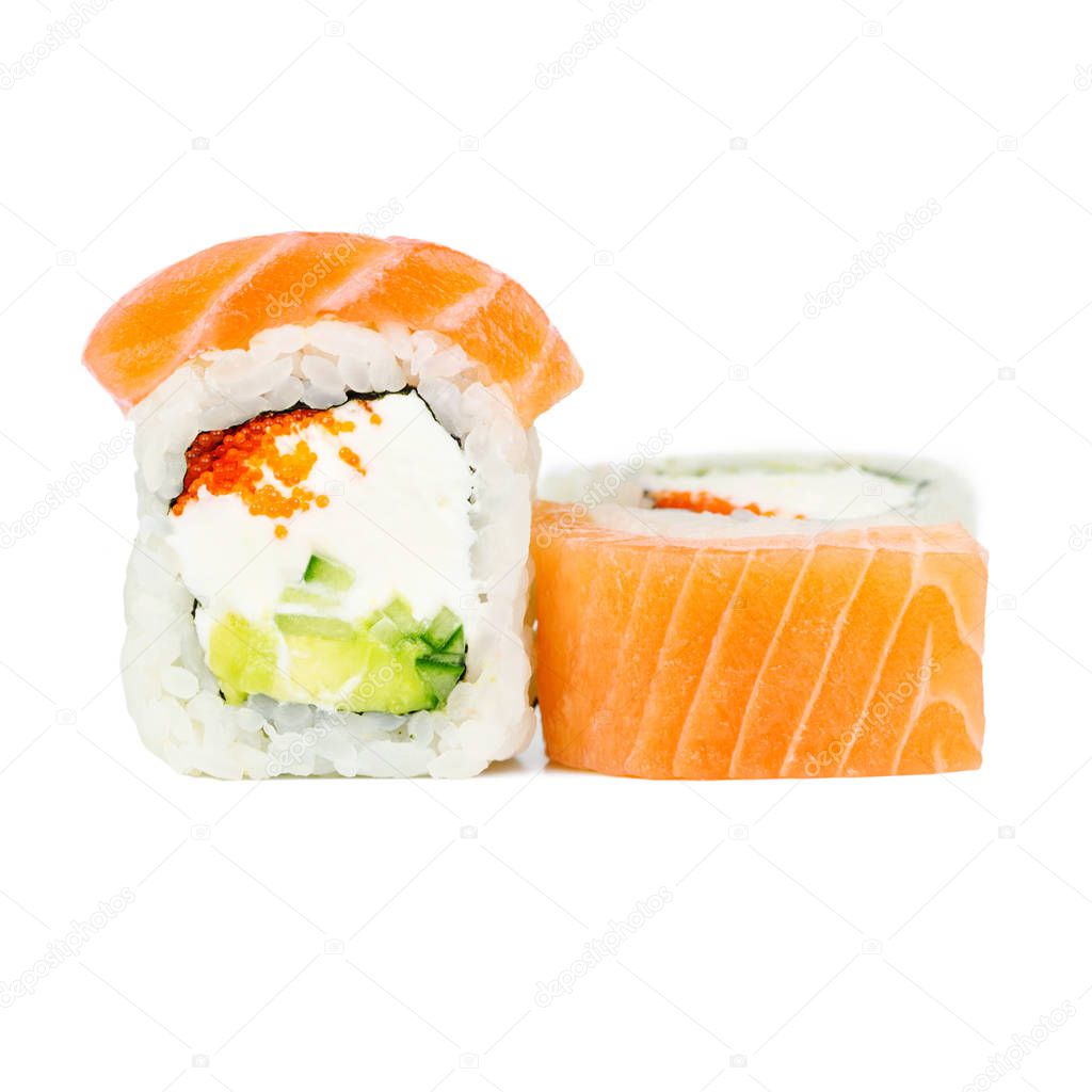 Traditional fresh japanese roll with salmon, nori, philadelphia, tobico, avocado and cucumber,  isolated on a white background. 