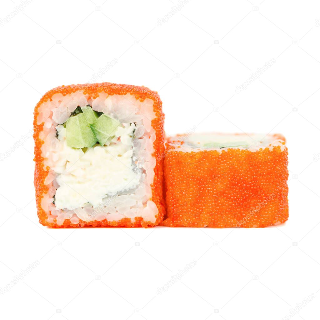 Traditional Japanese food, roll with cucumber, tobiko and crab meat, isolated on white background.