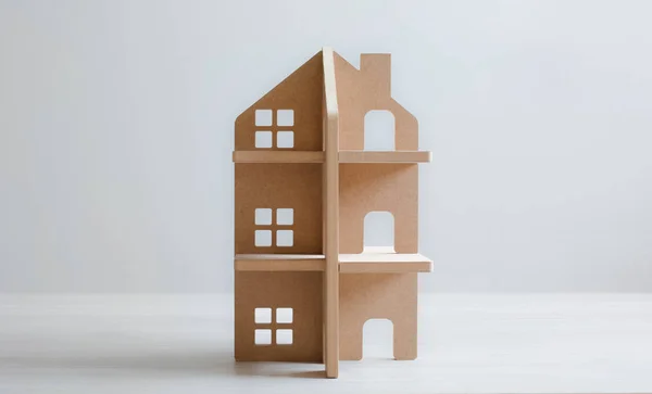 Toy Houten Huis Witte Houten Vloer Lichte Achtergrond Begrip Van — Stockfoto