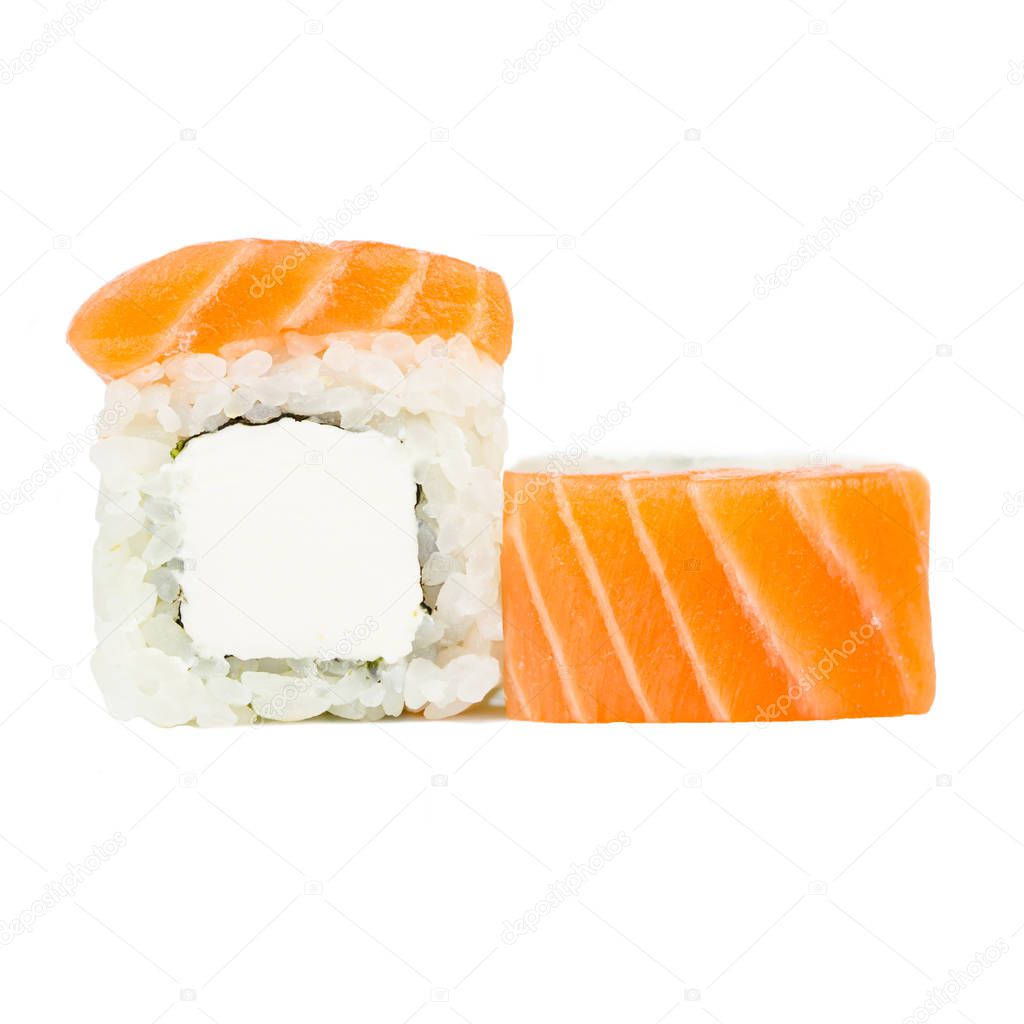 Traditional Japanese food, roll with salmon, philadelphia and nori,  isolated on white background