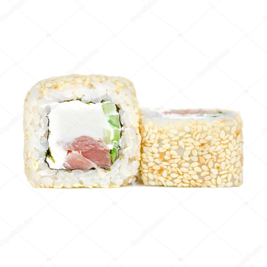 Traditional Japanese food, roll with cucumber, sesame, philadelphia, tuna and nori isolated on white background.