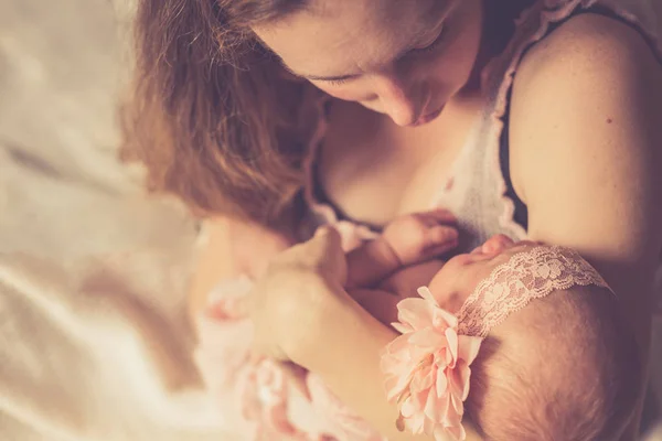 Mom Holds Her Cute Sleeping Newborn Daughter Her Arms Looks — Stock Photo, Image