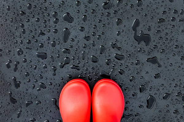 Edges Red Rubber Boots Wet Wet Surface Covered Raindrops Copy — Stock Photo, Image