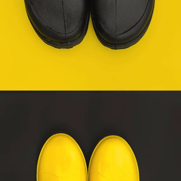 The front parts of the rain shoes are facing each other on the inversive backgrounds. Colorful and vivid concept of autumn